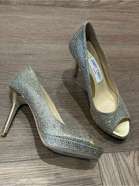 Jimmy Choo Gold Glitter Fabric Peep Open Toe Heels Pumps Shoe Size 36.5